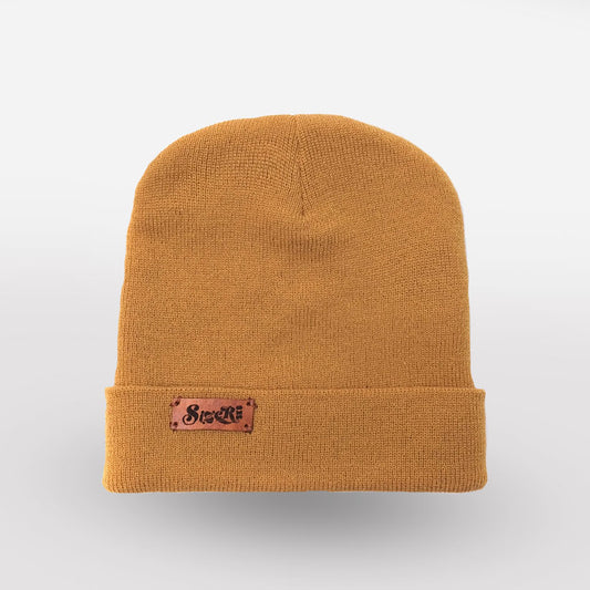 Mustard Beanie with Leather Logo